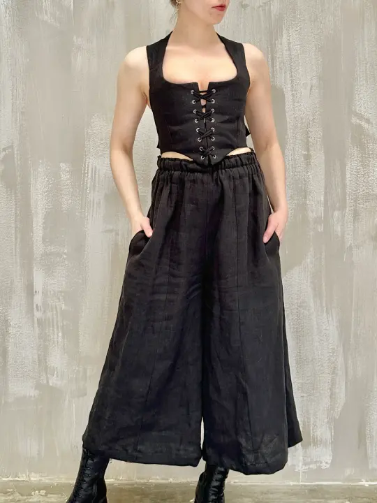 Wide Leg Linen Trousers (Soft Black)