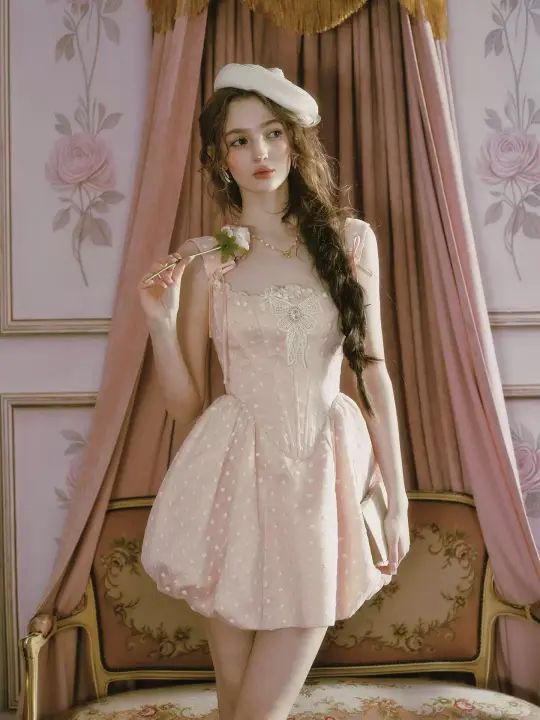Sweet Pink Corset Mini Dress with Lace Trim & Puff Skirt R9204