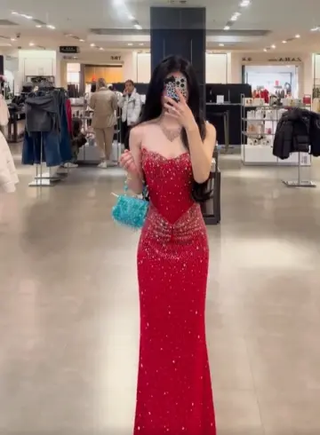 Red strapless waist-cinching slim-fit bodycon sexy long prom dress R7920