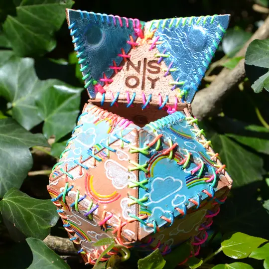 Handmade leather dice bag embossed with a clouds&rainbows
