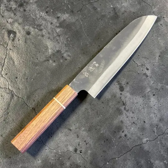 Hatsukokoro Aokitae Blue #2 Kurouchi Santoku 180mm with Sanjo Walnut and Maple Stripe Handle