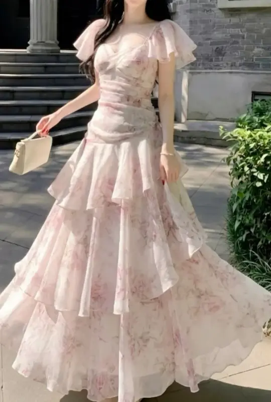 Sweet Blush Pink Floral Prom Dress ,Frilled Bodycon Maxi Birthday Dress RS1208