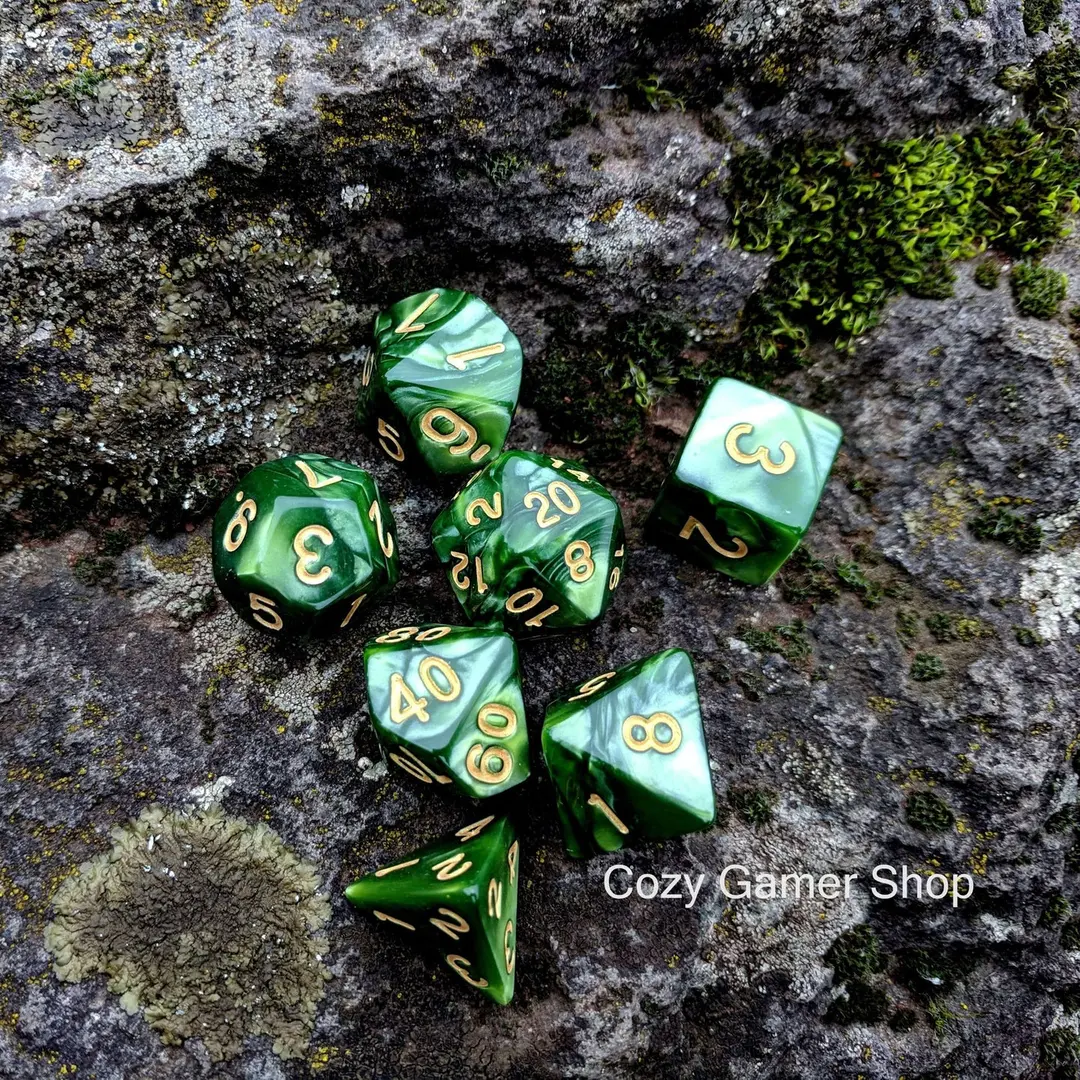 Green DnD Dice Set, Archer's, 7 Pearly Acrylic Dice