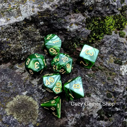 Green DnD Dice Set, Archer's, 7 Pearly Acrylic Dice