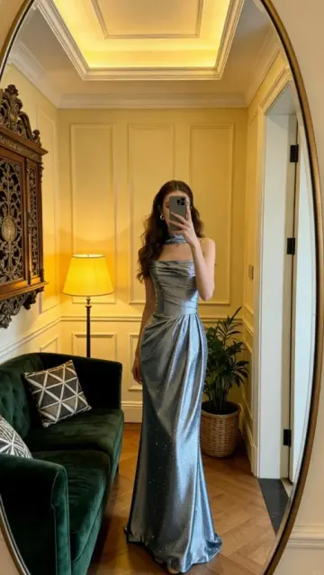 Slim Silky Satin Corset Prom Gown ,Sparkly Blue Maxi Evening Dress RS1997