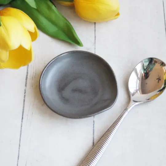 Small Spoon Rest in Rustic Modern Matte Gray Glaze, Teaspoon Dish for Coffee Station, Made in USA