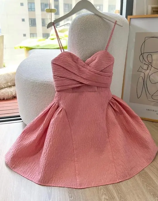 Pink suspenders waist slimming A-line short skirt homecoming dress R3404