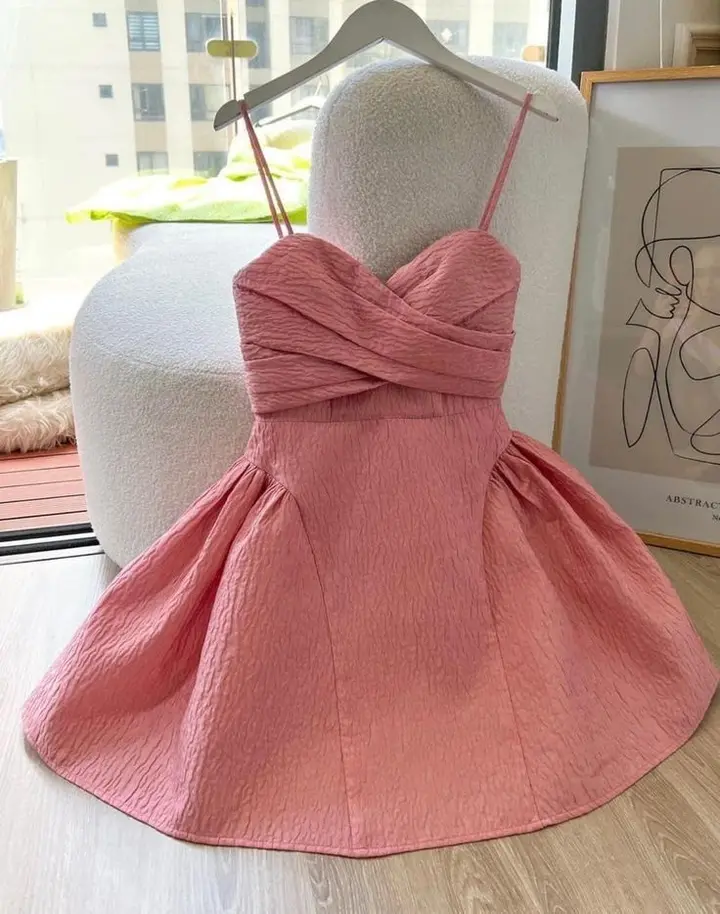 Pink suspenders waist slimming A-line short skirt homecoming dress R3404