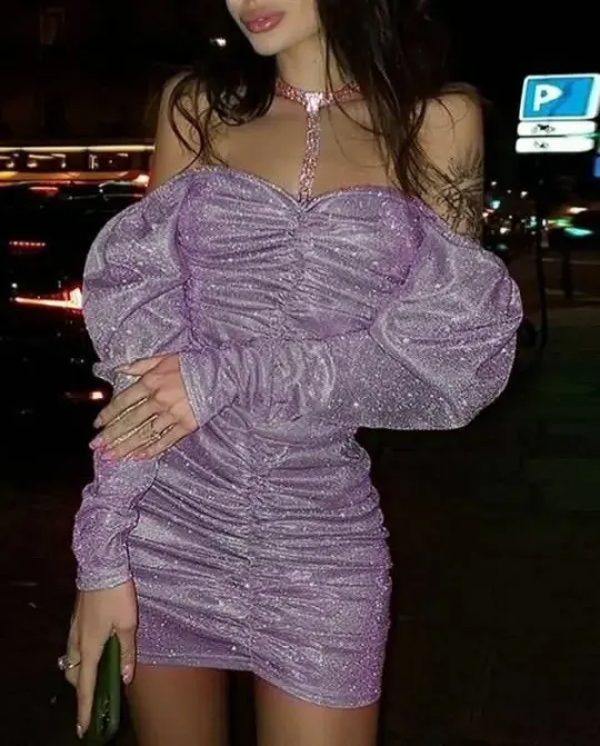 Purple sequined off-shoulder pleated waist hip skirt homecoming dress R5499