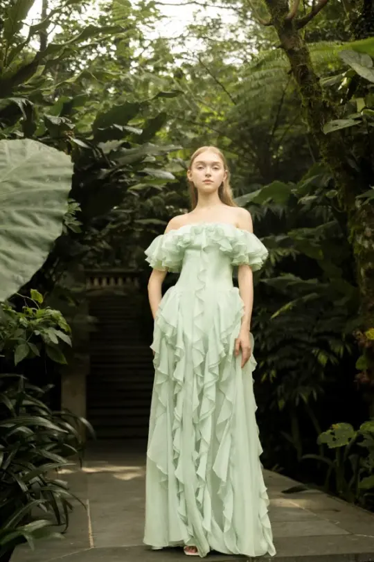 Fresh Chiffon Pleated Prom Gown Soft Green Women's Corset Maxi Birthday Dress Evening Dress RS2942