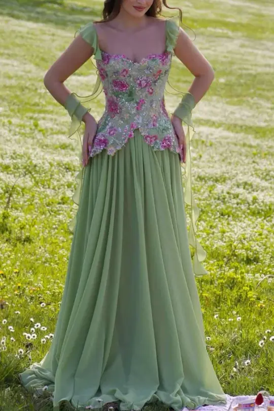French Retro Green Floral A-Line Spaghetti Straps Corset Maxi Prom Dress RS621