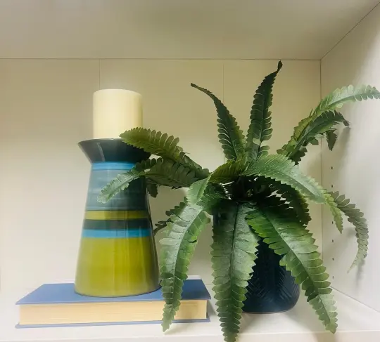MCM Blue and Green Set- Blue and green ceramic candle holder, Blue ceramic pot with Greenery, color coordinated book.