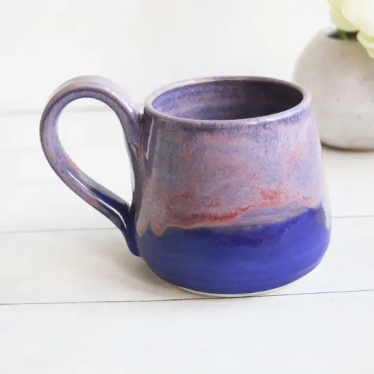 Handcrafted Pottery Mug in Shades of Pink and Purple Glazes, 16 oz. Made in USA