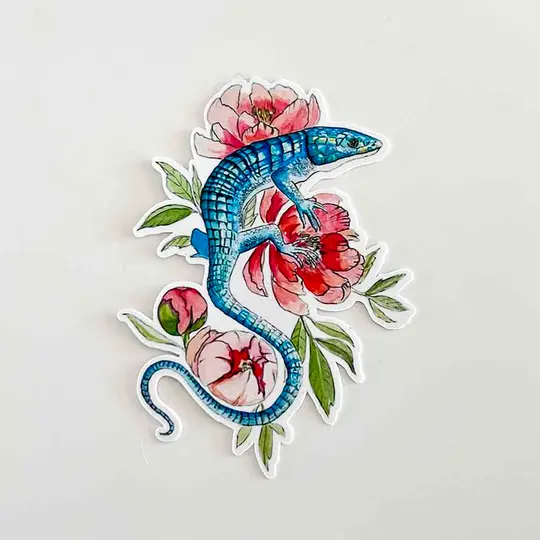 Lizard on Peony Flowers Sticker, 3" | Wholesale 6 Pack