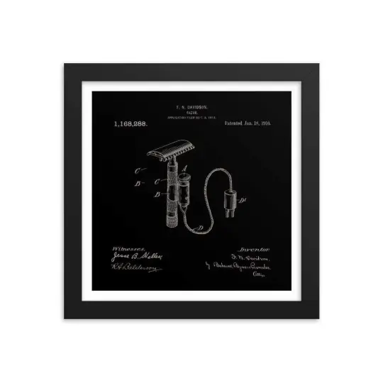 Vintage Davidson Safety Razor Elegant Black Patent Drawing Framed Print