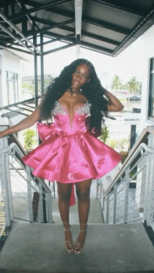 Sexy Barbie Pink Beaded A-Line V-neck Large Bow Back Accessory Corset Mini Dress Homecoming Dress RS243