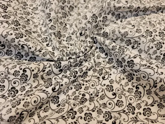 Black and White Small Scroll Floral Cotton  - By the Yard