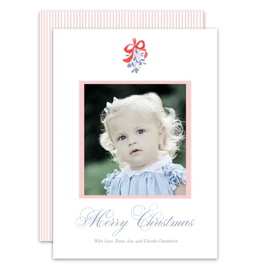 Watercolor Blue & Red Ribbon Mistletoe Holiday Card