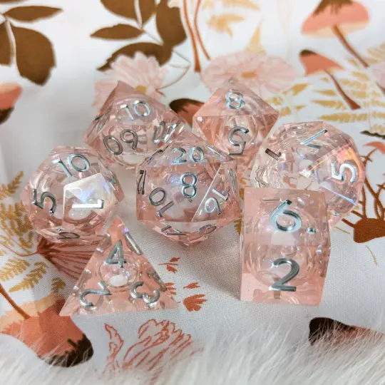 Peach Liquid Core Sharp Edge Dice Set – 7-Piece Pink Peach Micro Shimmer DnD