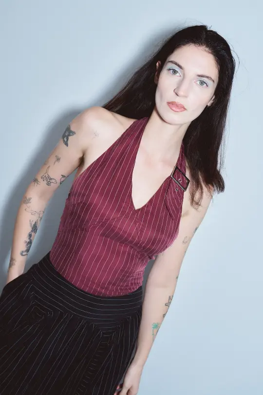 2 left - Buckle Halter Top Tencel Stripe Maroon