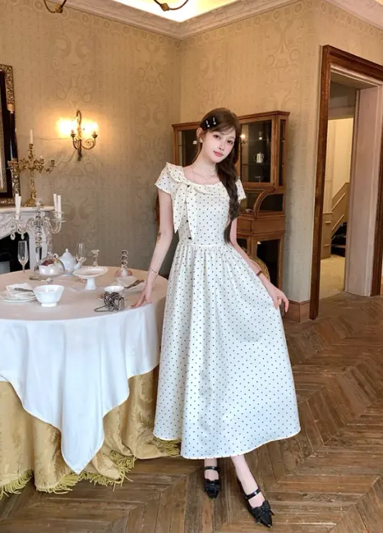 Long waist polka dot short-sleeved dress for women summer French retro temperament skirt R4626
