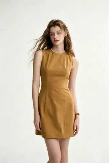 Camel Linen-Blend Sheath Dress Women With Round Neck And Sleeveless Design R9460