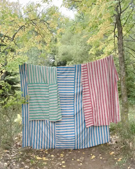 Handwoven Block Printed Stripe Coverlet Linen Sky Blue