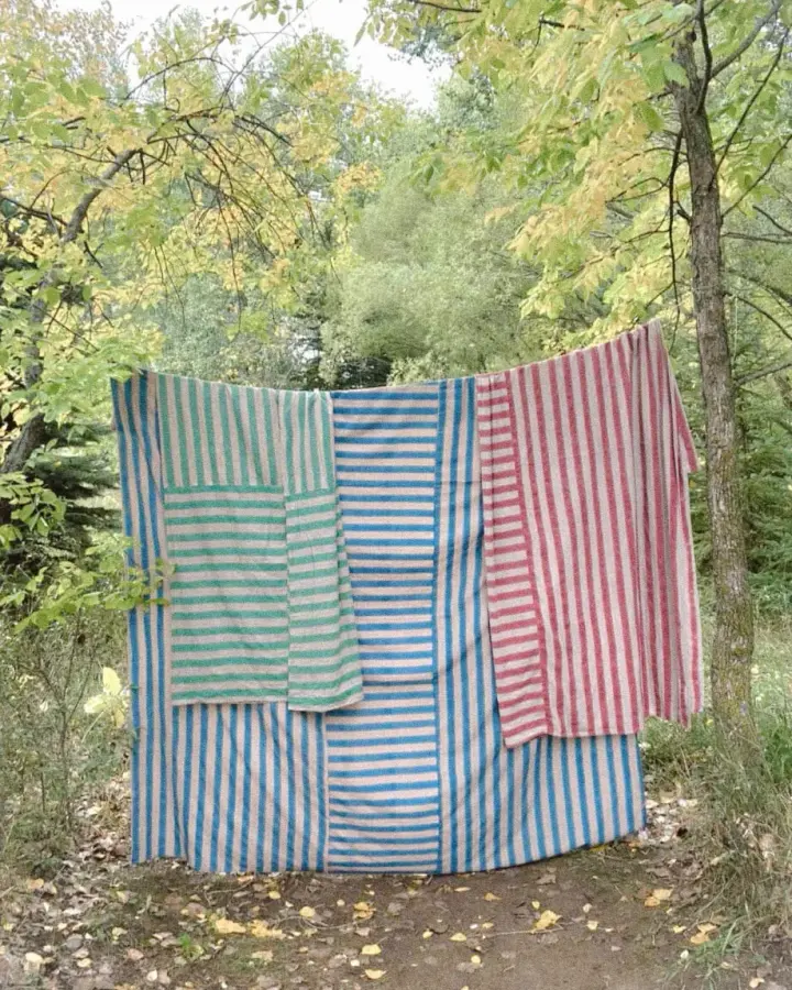 Handwoven Block Printed Stripe Coverlet Linen Sky Blue