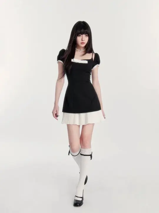 Black square neck slim waist A-line short skirt homecoming dress R5374