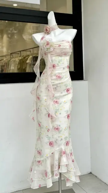 Floral Dreamy Prom Gown , CottageCore Flowy Chiffon Bodycon Maxi Summer Dress RS1644