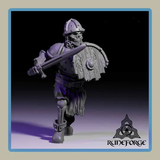 render of 28mm miniature undead armored skeleton with sword and shield marching