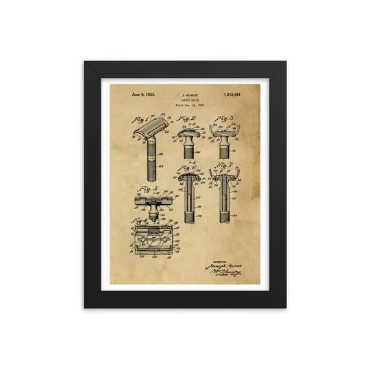 Vintage Early TTO Safety Razor Patent Drawing Framed Print