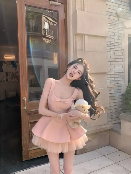 Sweet temperament square collar pink dress female summer new style puffy princess dress homecoming dress R3014
