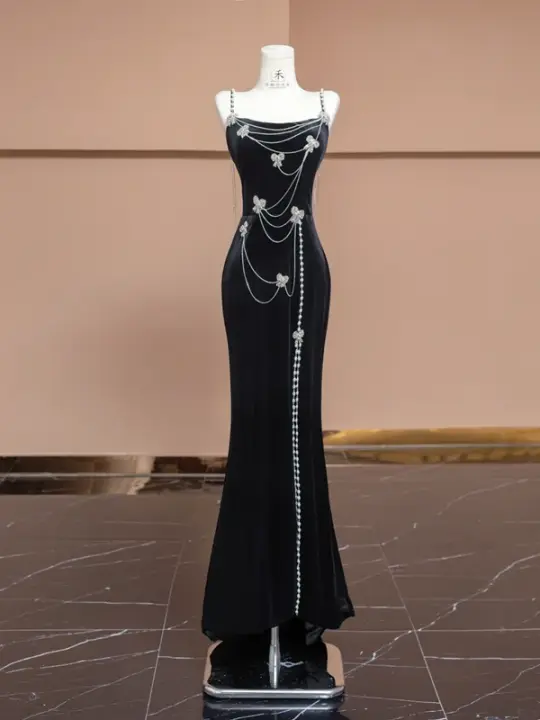Black halter-neck beaded fitted waist slim hip-hugging sexy long ball gown/bridal dress R8293