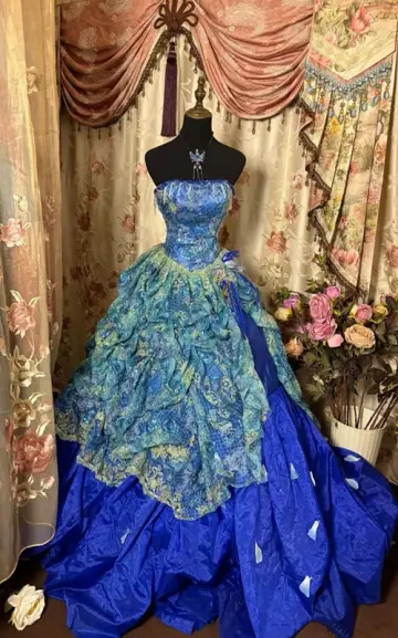 Blue tube top waist embroidered slim fit puffy skirt dress, prom dress R5355