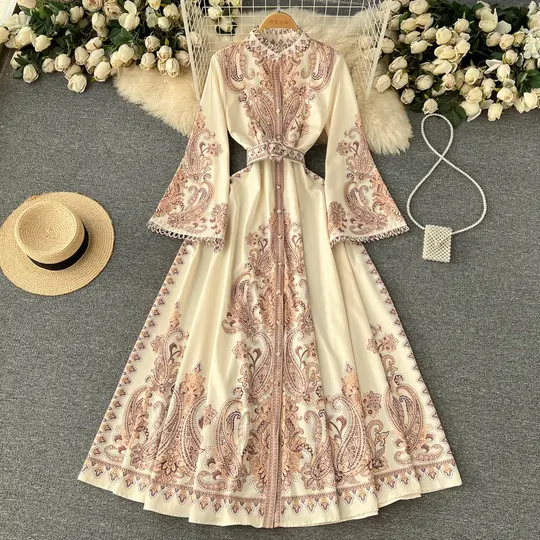 New ethnic style stand-up collar trumpet sleeves printed dress waist knee-length skirt R2334