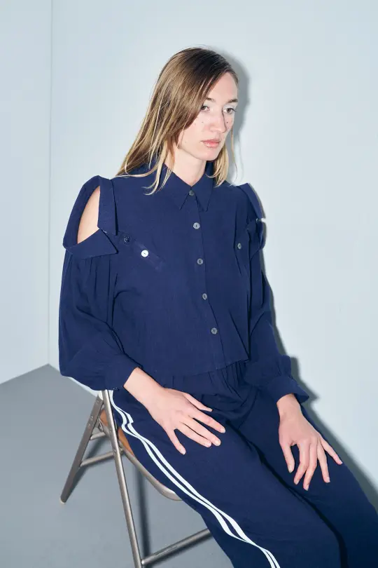 3 Collar Navy Long Sleeve Soft Linen Blouse