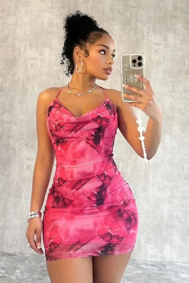 Peach pink tie-dye halter neck suspenders sexy waist hip skirt homecoming dress R3184