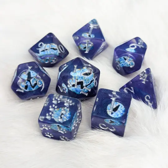 Wall of Eyes Dice Set – 8-Piece Blue Eye DnD Dice with Paw D6 | Fennek & Finch
