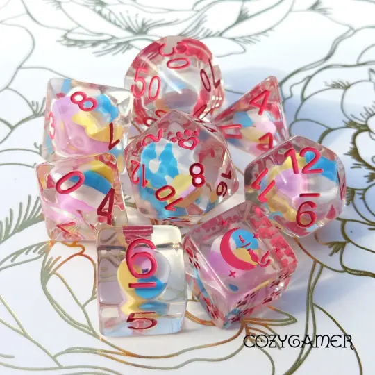 Candy Swirl Dice Set. 8 Piece pink white and blue candy dice set.