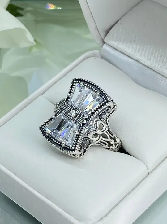 Sparkling White CZ Ring, Size 5, Versailles Sterling Silver Bow, Baguette CZ & Moissanite inset Ring, Baroque Jewelry D595 - Ready to Ship