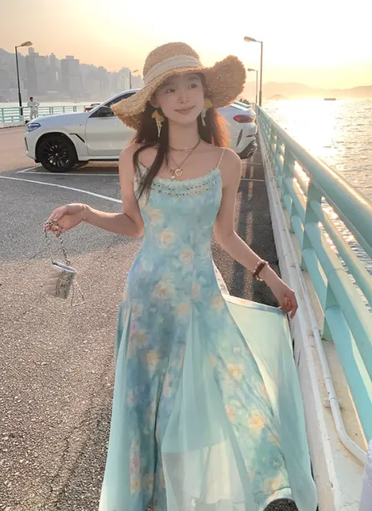 Long gradient print waist suspender dress summer French slim skirt R4946