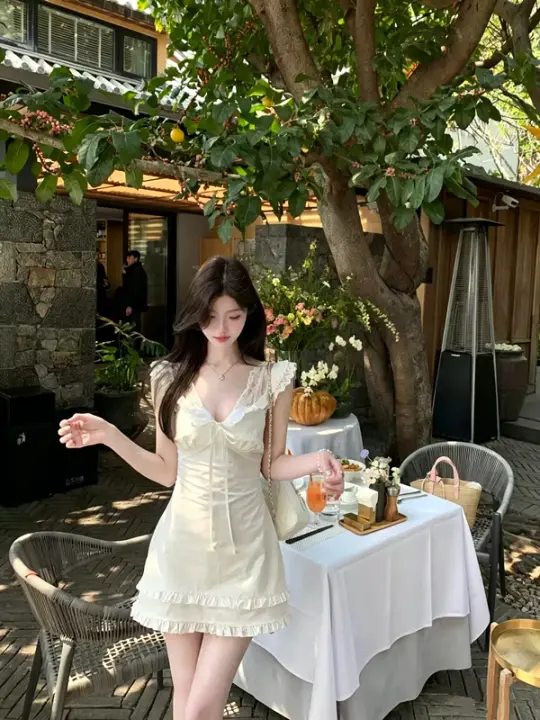 Cream White Sleeveless Bow Front A-Line Dress with Lace Details R9225