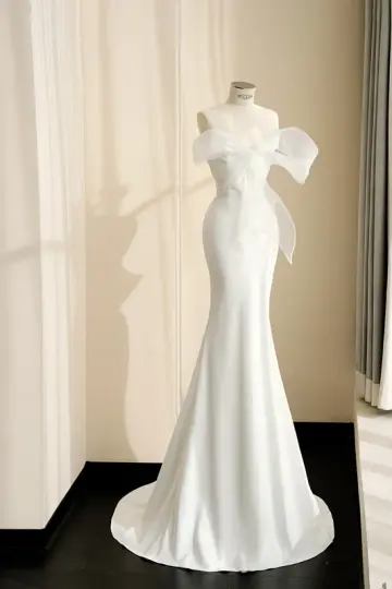 White collar bow tie waist slim fit hip elegant long skirt, prom dress R5684