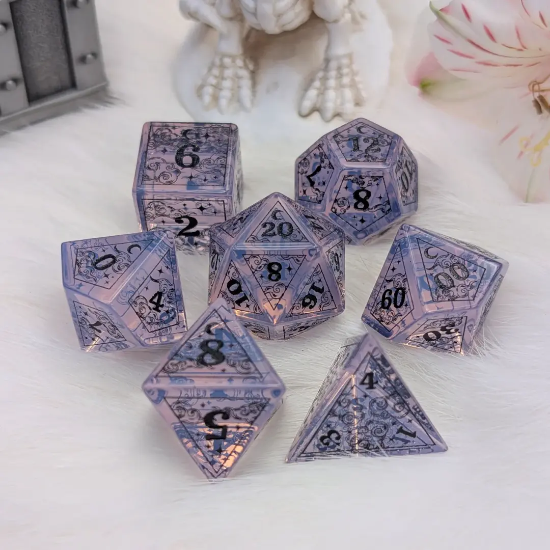 Dreamy Purple Opalite Dice Set – Gemstone DnD Dice with Black Font | Fennek & Finch