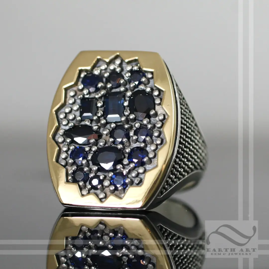 Mens Bold 18k and Sterling Silver Sapphire Pavé Ring