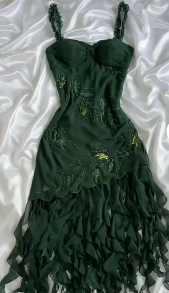 Green forest tie suspenders waist slim irregular skirt long skirt homecoming dress R2787