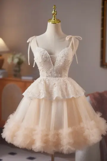 Cute Champagne A-line Spaghetti Straps Corset Mini Party Dress Homecoming Dress RS511