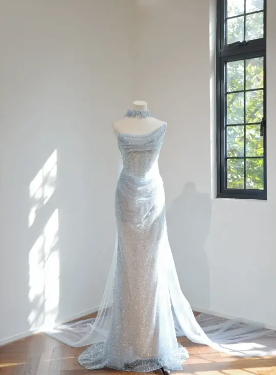 Light blue strapless fitted long ball gown R8462