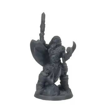Unpainted 32mm 3D-printed bare-chested half-orc barbarian swinging a falchion with a shaggy hide mantle — tabletop RPG miniature for D&D, Pathfinder & wargaming
